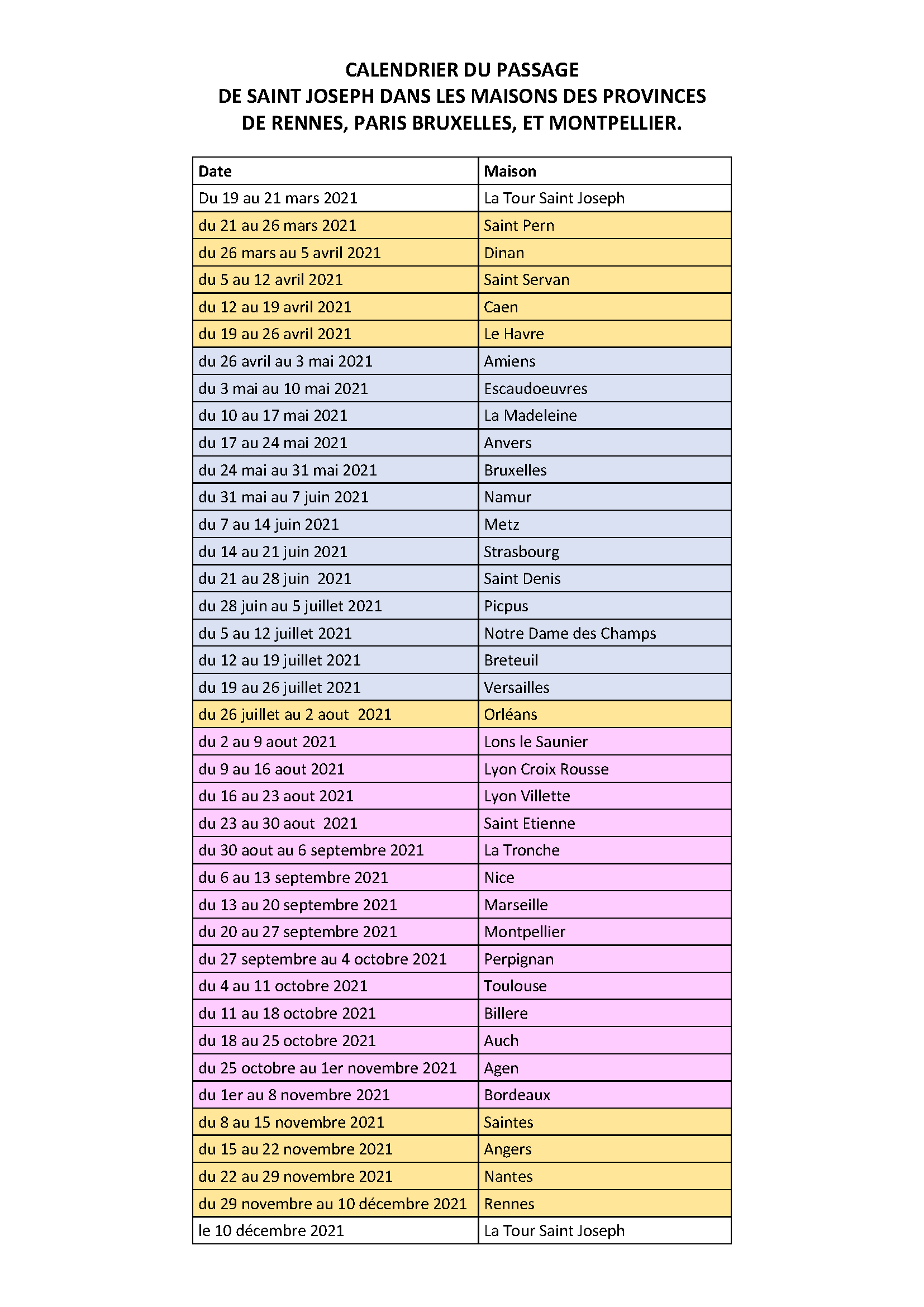 calendrier Année st Joseph